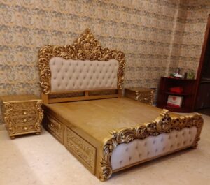 Title: Luxurious Royal Gold Carved King Size Bed with Upholstered Headboard & Designer Bedside Table