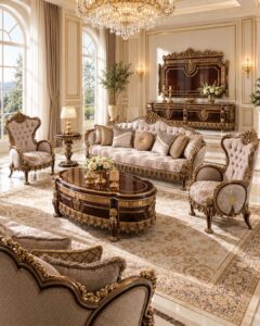 Royal Luxury Wooden Sofa Set with Antique Gold Carving Sofa set With Canter table 2 side table 1 Side bord with frame 3+3+1+1